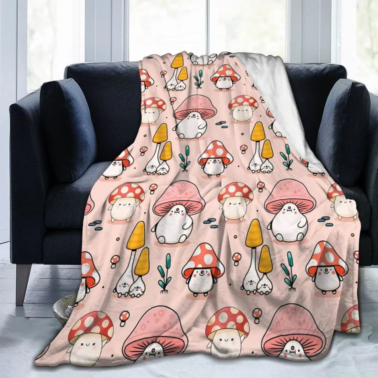 Coperta a fungo rosa Coperte in flanella con funghi adorabili dei cartoni animati per bambini Ragazze Coperta morbida per divano con piante selvatiche