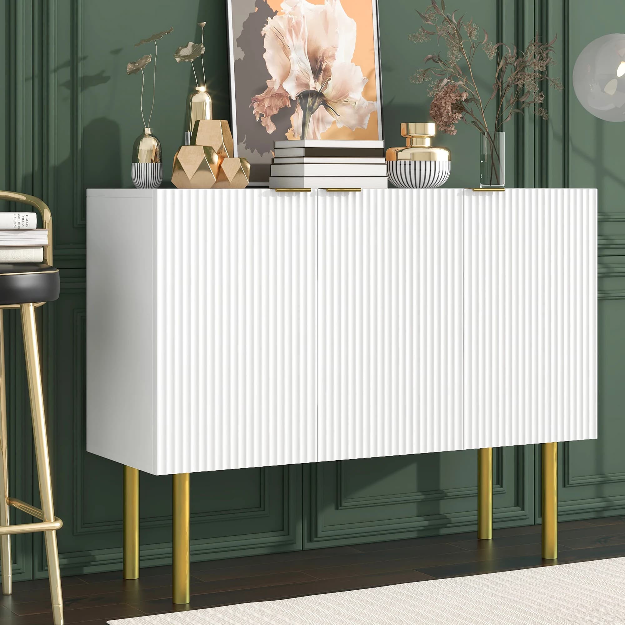 Credenza moderna in stile semplice e lussuoso, in truciolato e armadietto in MDF con gambe e maniglie in metallo dorato, ripiani regolabili per