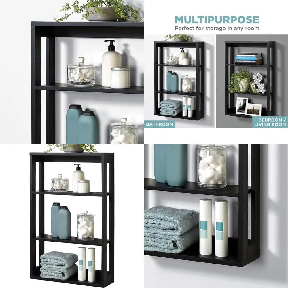 Organizzatore da Parete in Legno con 4 Ripiani per Risparmiare Spazio in Bagno e Cucina, Nero