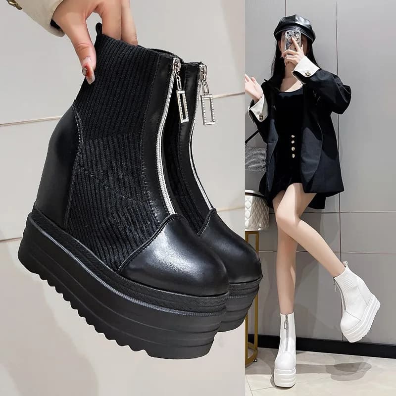 Women's high heel boots Waterproof platform with thick sole Autumn fashion knitting stitching Interior height Women's boots