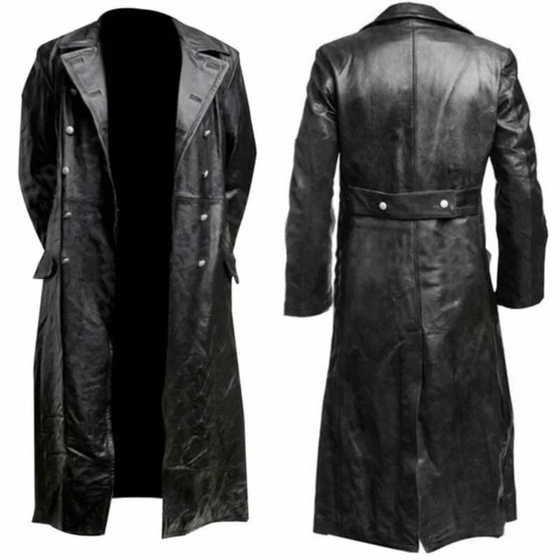 Maxi giacca a vento lunga in pelle per uomo giacca in pelle doppiopetto cappotto militare in pelle per uomo