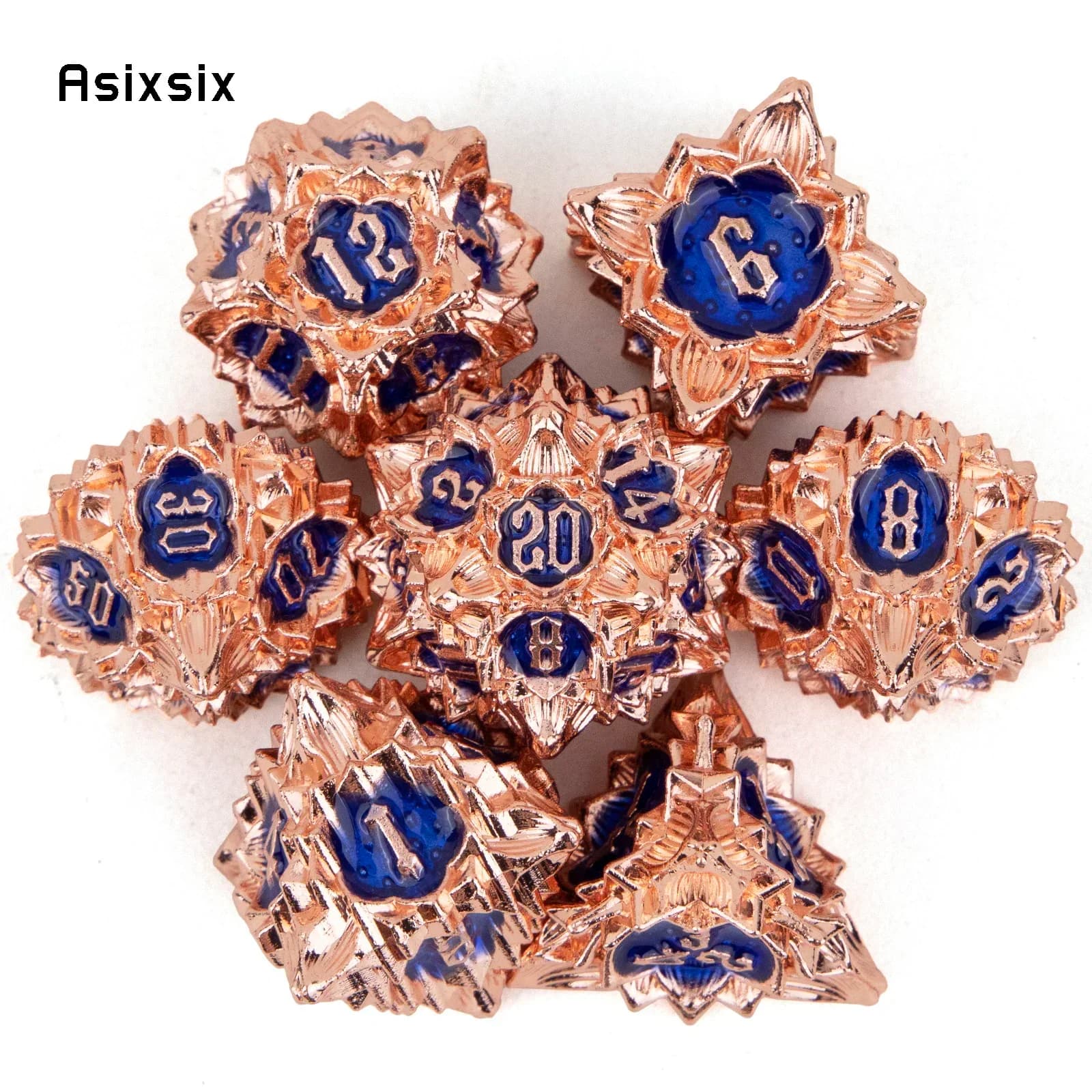 Set di 7 Dadi in Metallo a Forma di Fiore di Loto Blu e Arancione, Perfetti per Giochi di Carte, Giochi da Tavolo, Critical Role, RPG, D&D