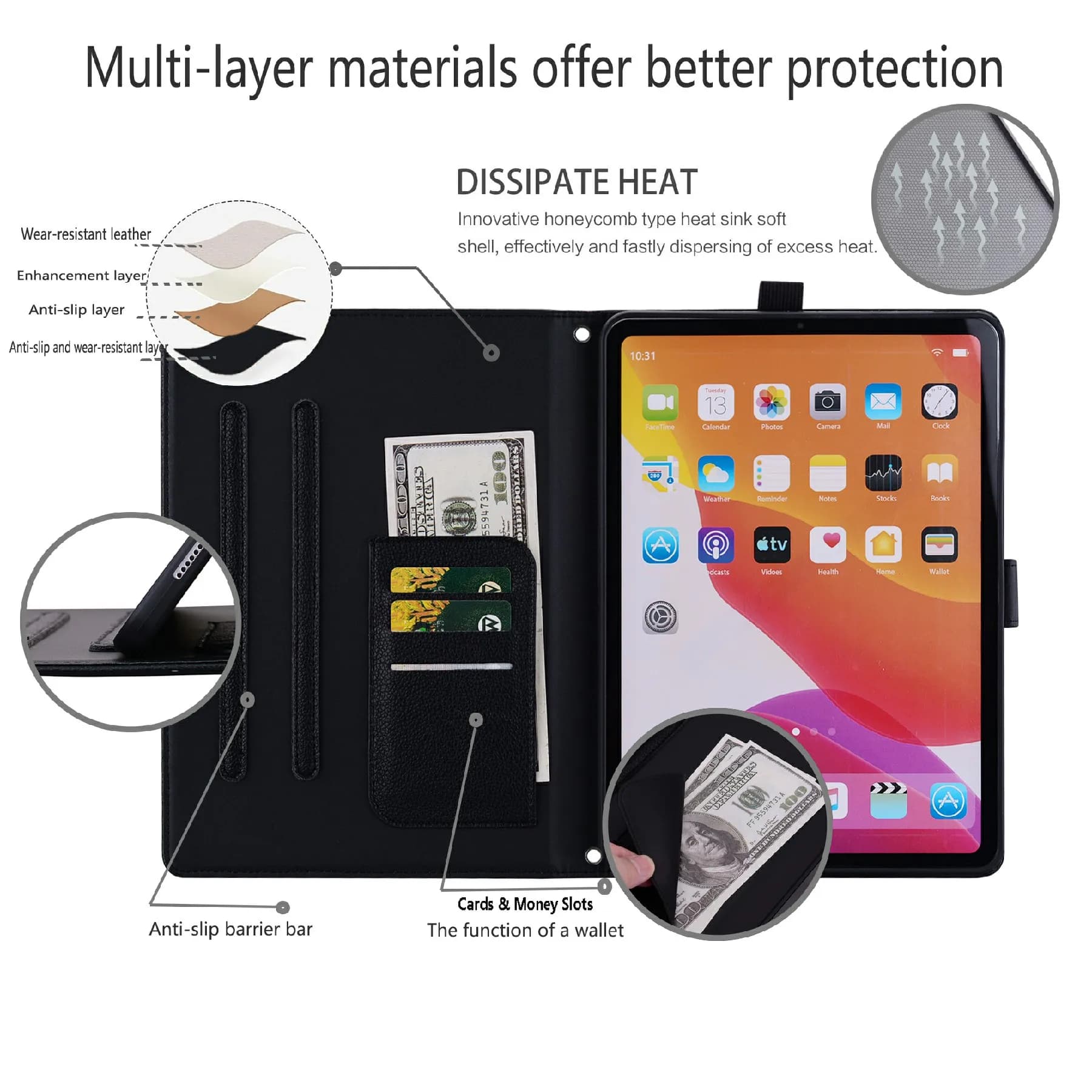 Wallet Case for Samsung Galaxy Tab A9 Leather Stand Tablet Cover with Stylus Holder, 3D Effect Cat Pattern - Black