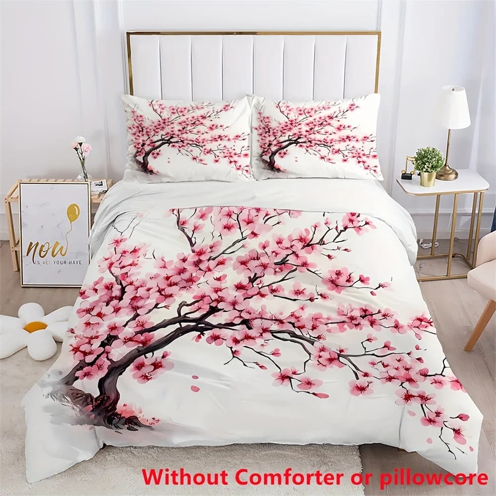 Set copripiumino con stampa in stile romantico Sakura Cherry Blossom Tree da 2/3 pezzi (1 copripiumino + federa da 1/2, senza anima), morbido