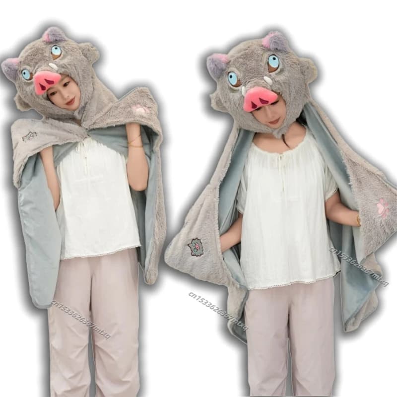 Coperta indossabile con cappuccio di cinghiale Kawaii Mantello soffice e accogliente con cappello Comoda coperta di flanella calda Pisolino Regali da viaggio Ragazza Ragazzo