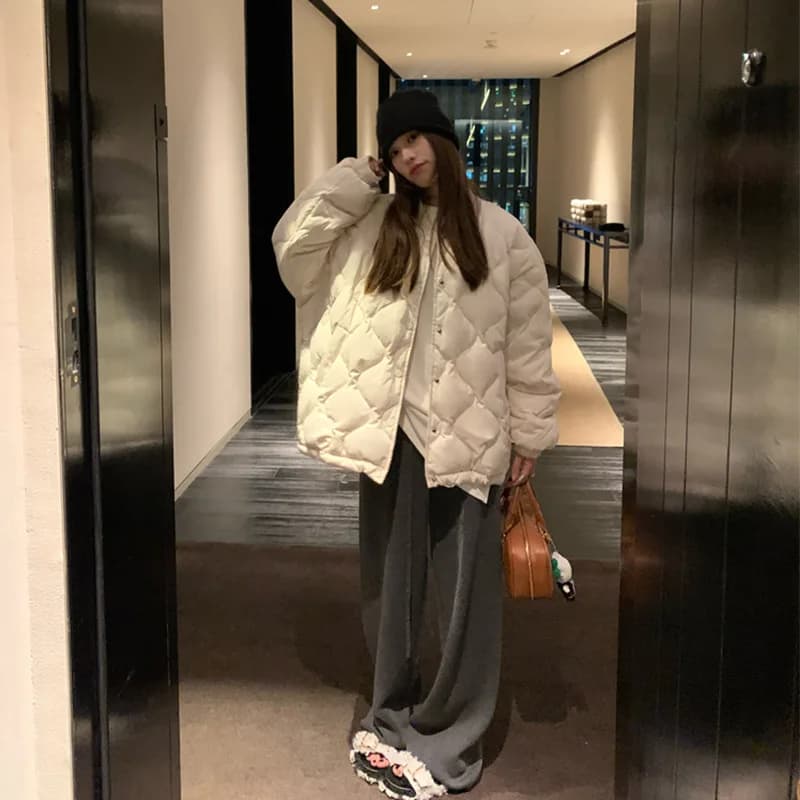 Winter Thickened down Cotton Jacket Women's Loose Diamond Pattern Slimming Short plus Size Fashionable Korean Lazy Style