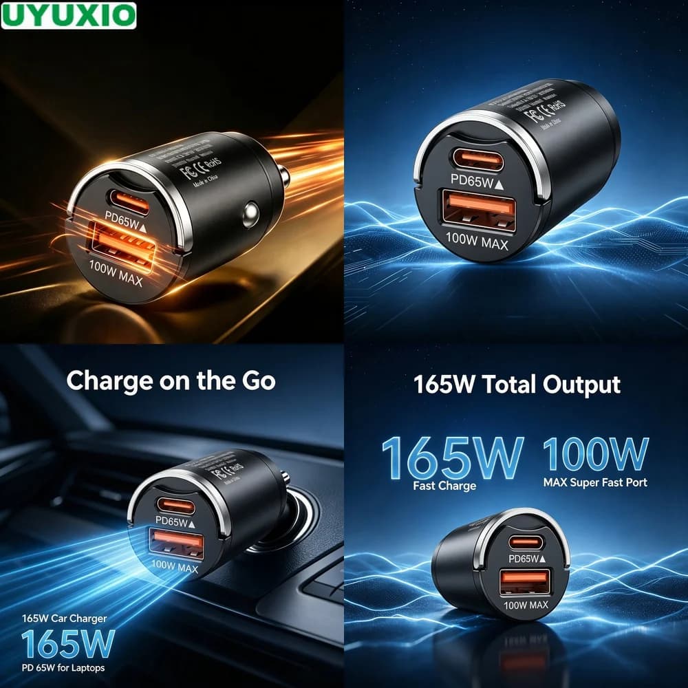 165W Two Port Car Charger USB C 65W and USB A 100W Dual Charging for Phones Tablets and Laptops Compact Zinc Alloy Metal Body