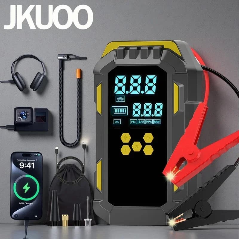Compressore d'aria per pneumatici e avviamento di emergenza per auto 2 in 1 durevole da 12 V - 150 PSI, -40 ° C-80 ° C Funzionamento a bassa temperatura, porta USB per telefoni