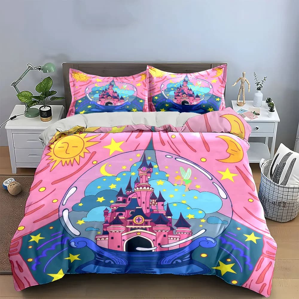 Set Decorativo Castello delle Fiabe, Set di Biancheria da Letto con 1 Copripiumino e 2 Federe, Singolo, Matrimoniale, King, Queen, Regalo