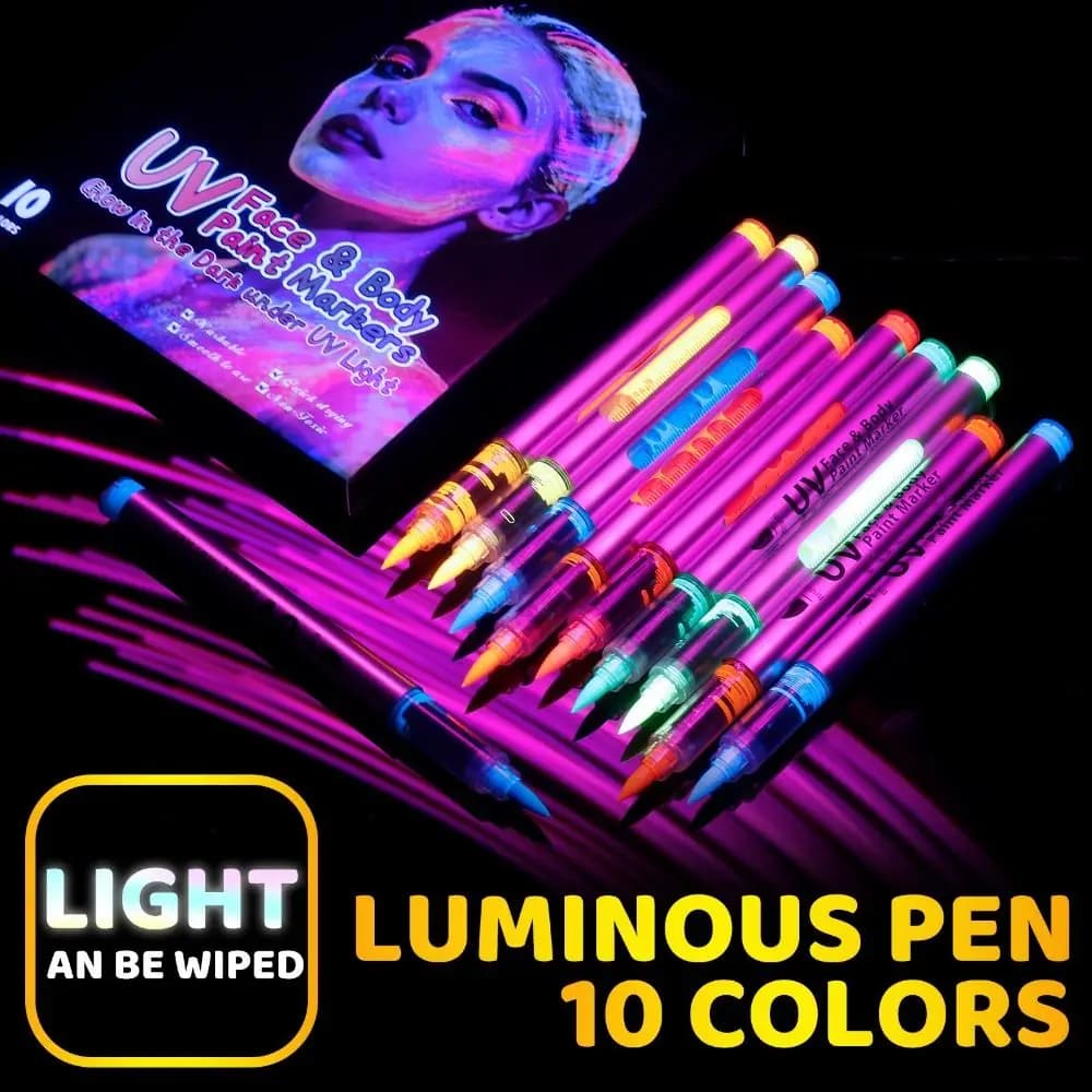 Pennarelli per Body Painting 10 Colori, Lavabili, Asciugatura Rapida, Fluorescenti, Sicuri, Colorati, Luminosi per Feste e Vacanze