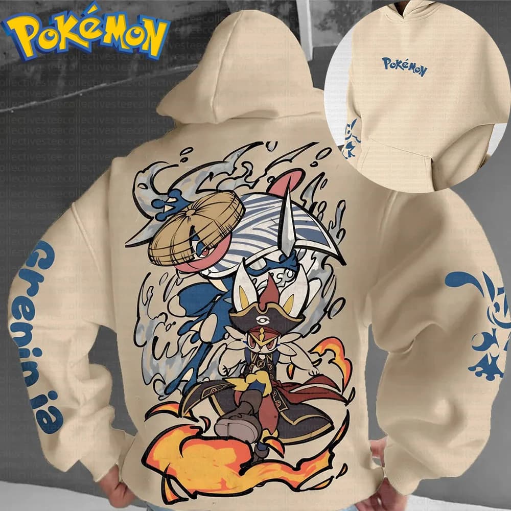 Pokemon Anime Greninja Incineroar Felpa con cappuccio in cotone Pantaloni Harajuku Set Stampa di personaggi beige con effetto fuoco d'acqua Posa dinamica