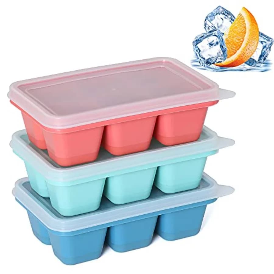Set di 3 Stampi per Cubetti di Ghiaccio per Freezer - Mini Stampi con Coperchio e Fondo in Silicone Facile da Staccare, Impilabili