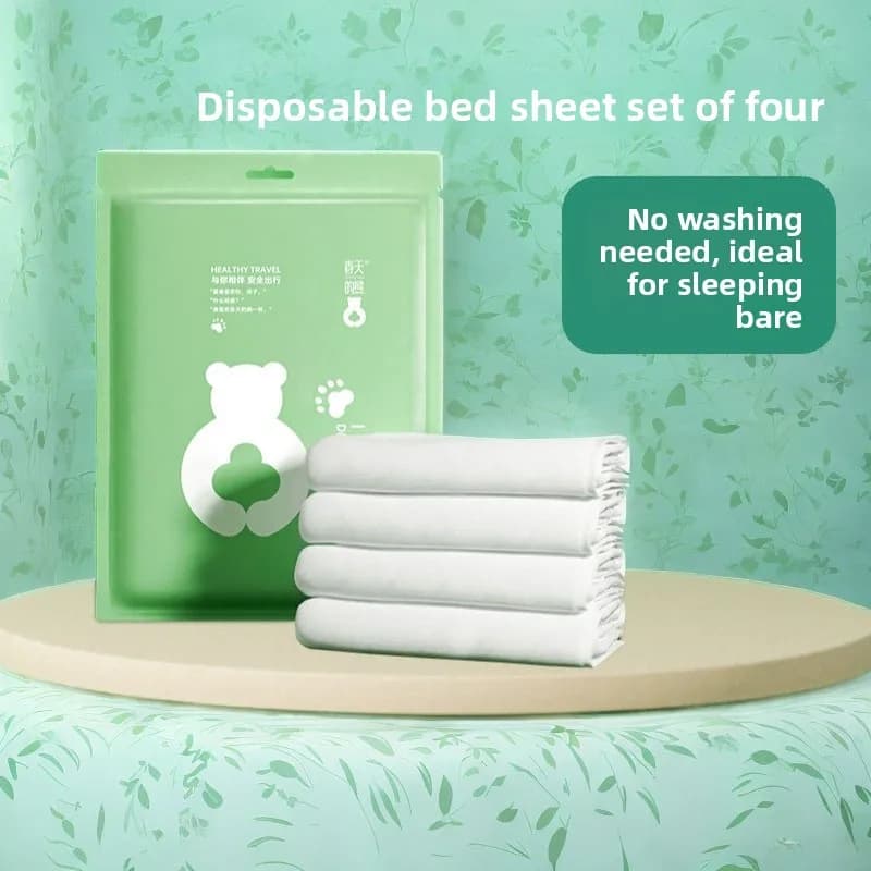 Spring Bear Travel Set: Disposable Sheet, Federa, Pelo Bag - Double Set Four Pieces for Hotel and B&B Supplies