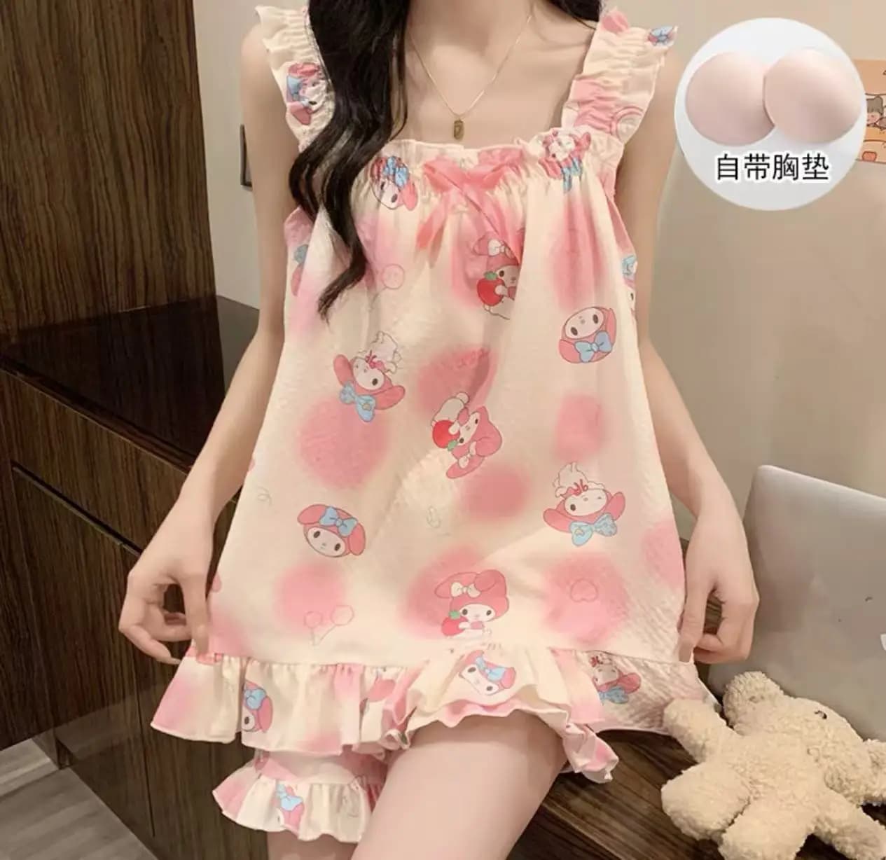 Sanrio HelloKitty Set di abbigliamento per la casa da donna My Melody Cinnamoroll Pigiama in puro cotone con imbottitura sul petto Stampa cartoon Stile estivo