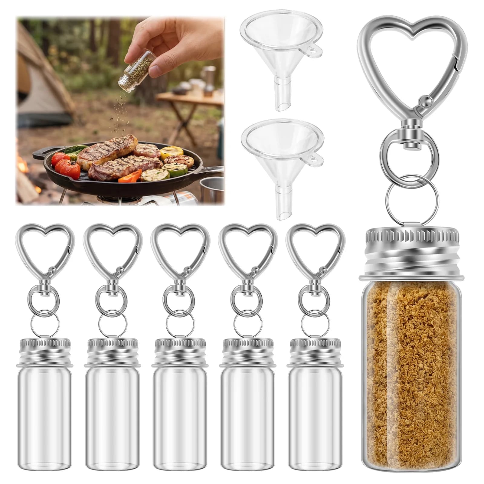6Pcs Mini Seasoning Bottle Keychain Set with Funnel Portable Clear Glass Spice Jar with Lid for Travel Camping Outdoor Picnic