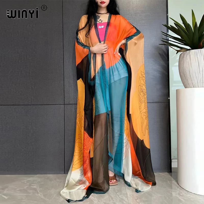 WINYI Bohemian Printed Bikini Cover-up abito elegante New party Cardigan prospettiva sexky loose Holiday manica a pipistrello KIMONO