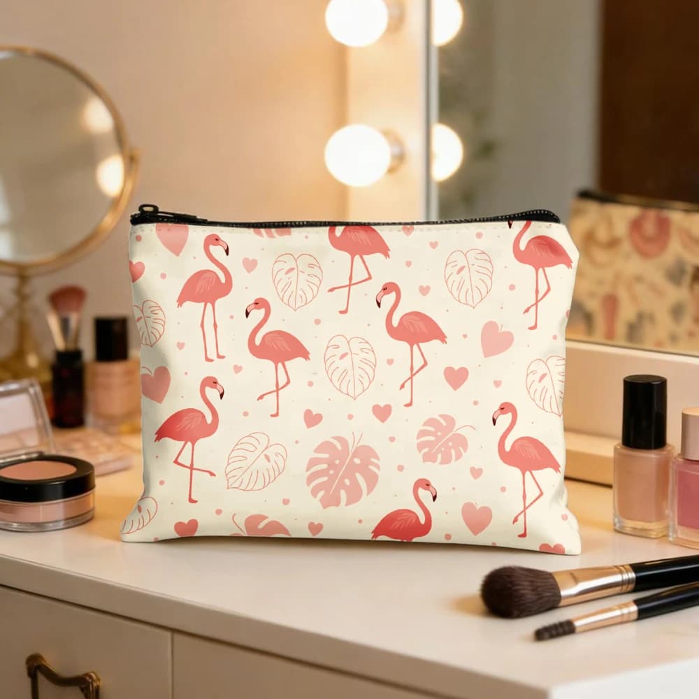 Borse per il trucco con stampa di motivi a foglie e cuori di fenicotteri per ragazze, pochette per cosmetici, borsa da toilette, astuccio per matite, custodia da viaggio