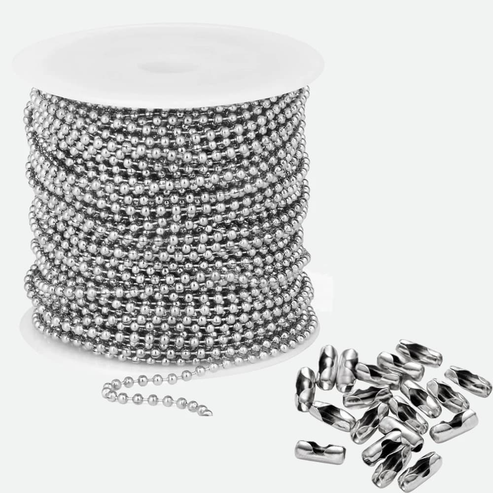 Rotolo di catene a sfera con perline in acciaio inossidabile da 10 m con 50 connettori, fermagli per collane con targhetta per cani fai da te, portachiavi, forniture per la creazione di gioielli