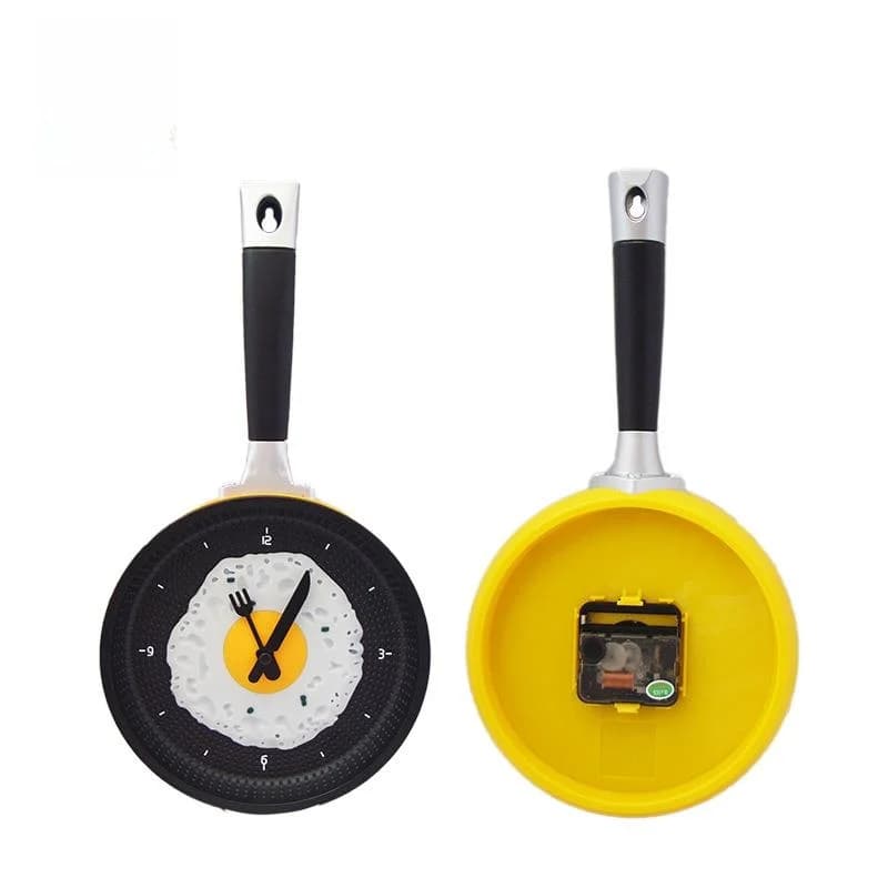 Creative Egg Fry Pan Wall Clock Bedroom Restaurant Fashion Hanging Clock Double Sided Battery Powered Plastic Table Material