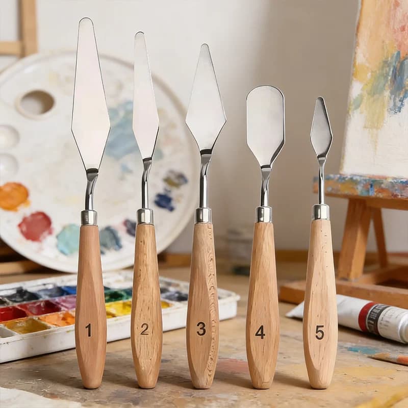 5Pcs Wooden Handle Painting Palette Knives Set Stainless Steel Art Spatulas for Acrylic Oil Paint Mixing Scraping Art Supplies