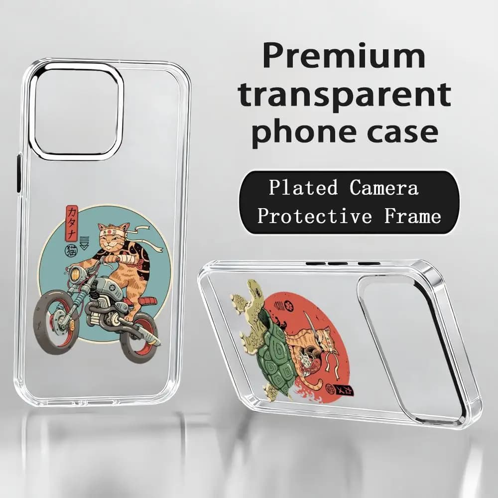 Anime japanese cat Phone Case For iPhone 17 air 16 15 14 13 12 11 Pro Max Plus Chrome Button Camera Ring Transparent