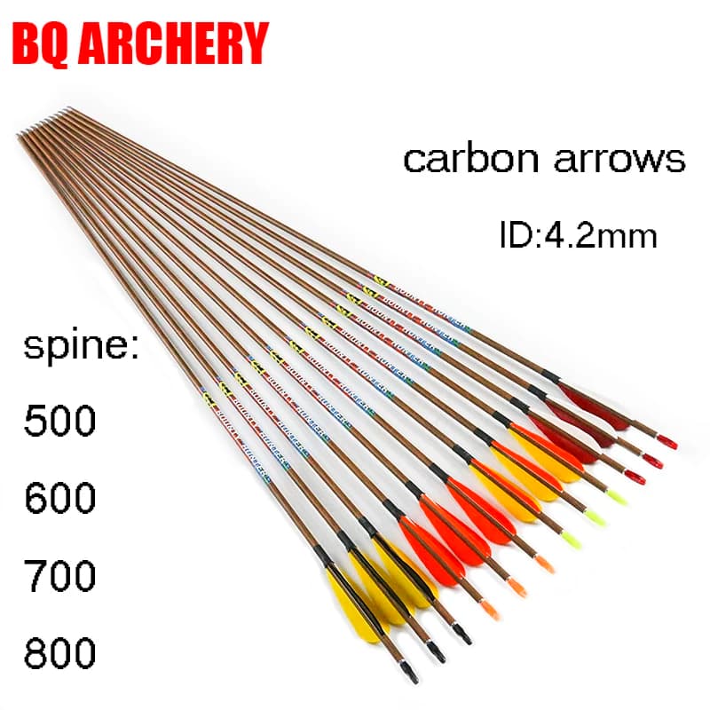 Arco e freccia per tiro con l'arco in carbonio puro, ID4.2mm Spine500, 600, 700, 800, 3 pollici, piuma di tacchino, accessori da caccia, 12 pezzi