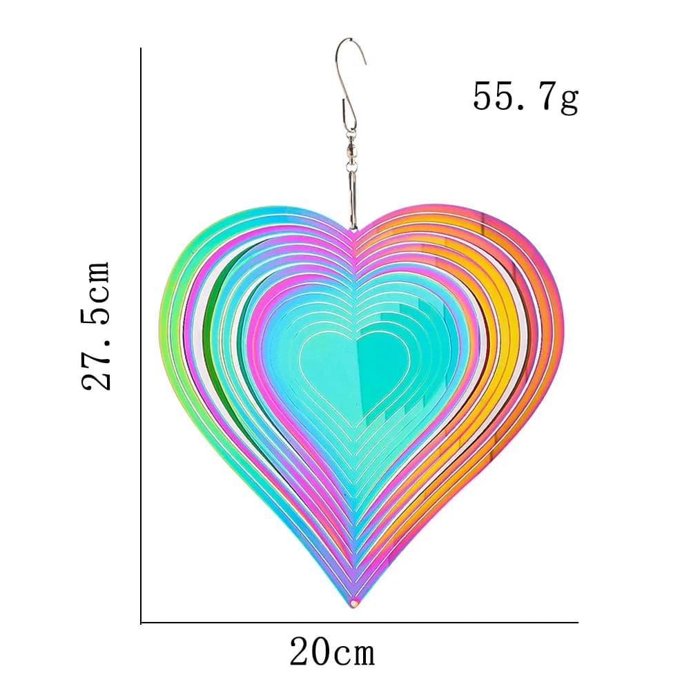 20cm Colourful Heart-shaped 3D Rotation Wind Chime Pendant Stainless Steel Bird Repeller Rainbow Fluid Visual Effects Decoration