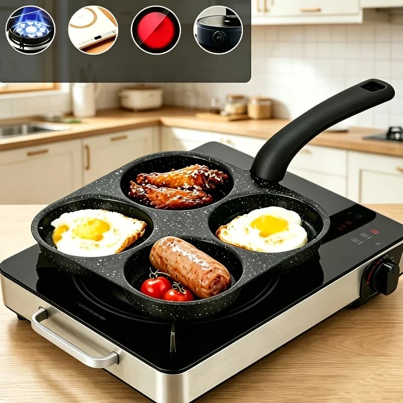 4-In-1 Mini Egg Cooker, Non-Stick Single Handle Frying Pan, Dishwasher Safe, Compatible with Electric Coil Stoves, Versatile Kitchen Gadget for Pancakes, Eggs, And More, Thanksgiving, Christmas Gifts, Family Dinners, 4 Holes 20Cm