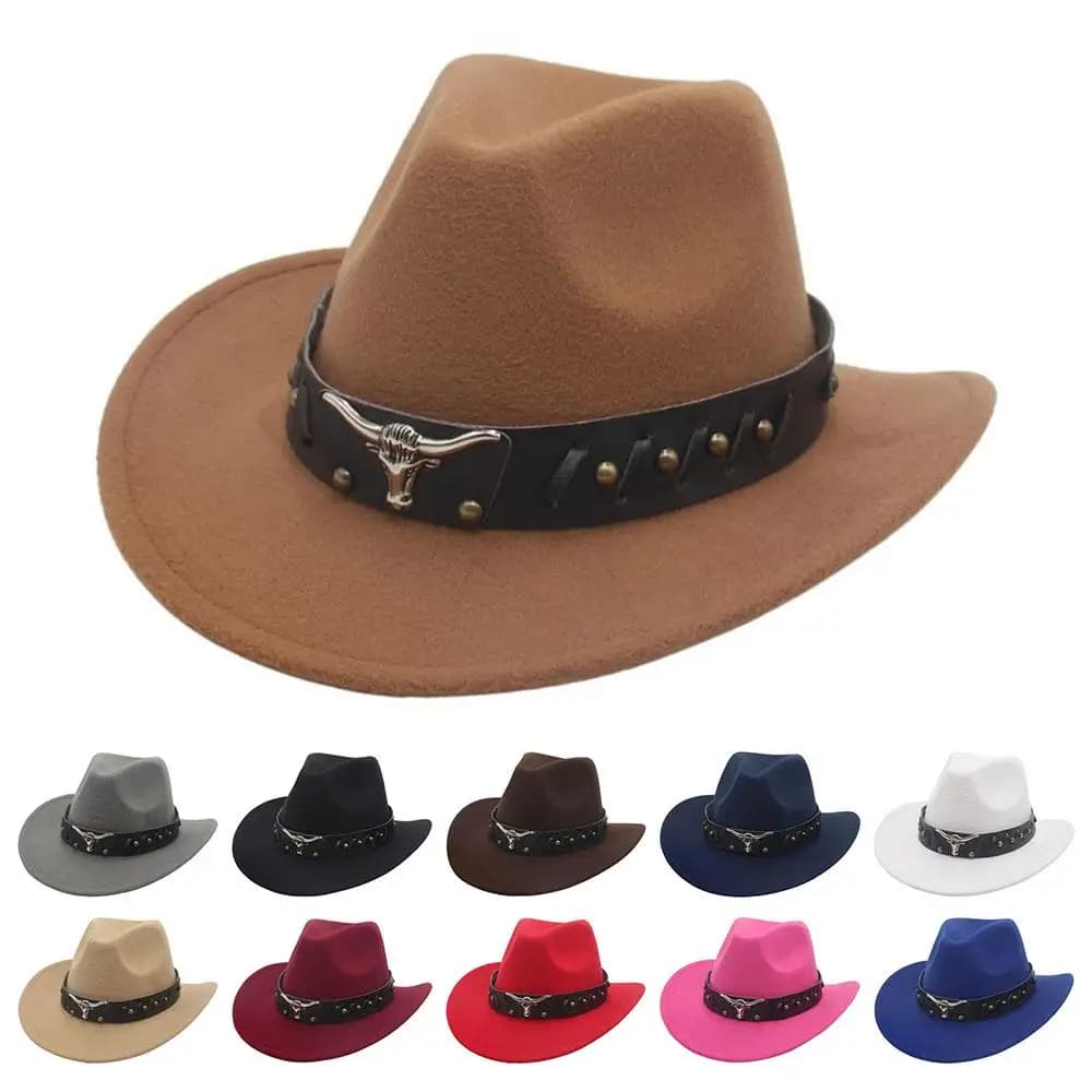 Vintage Studded Bullhead Western Cowboy Hat Wide Brim Ethnic Style Jazz Fedora Hats Tibetan Style Top Hat for Women Men