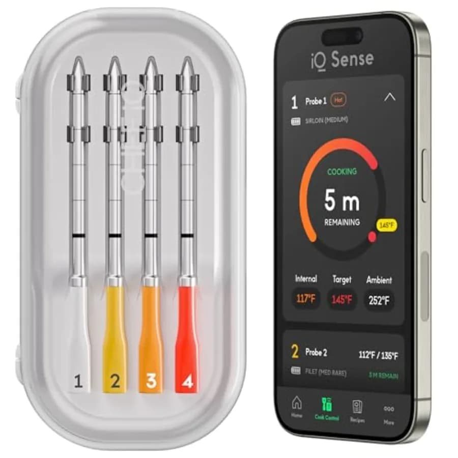 Termometro Intelligente Wireless per Carne con 4 Sonde Ultra-Sottili per BBQ, Griglia, Forno, Affumicatore, Friggitrice ad Aria, WiFi, Portata Illimitata, Resistente al Calore