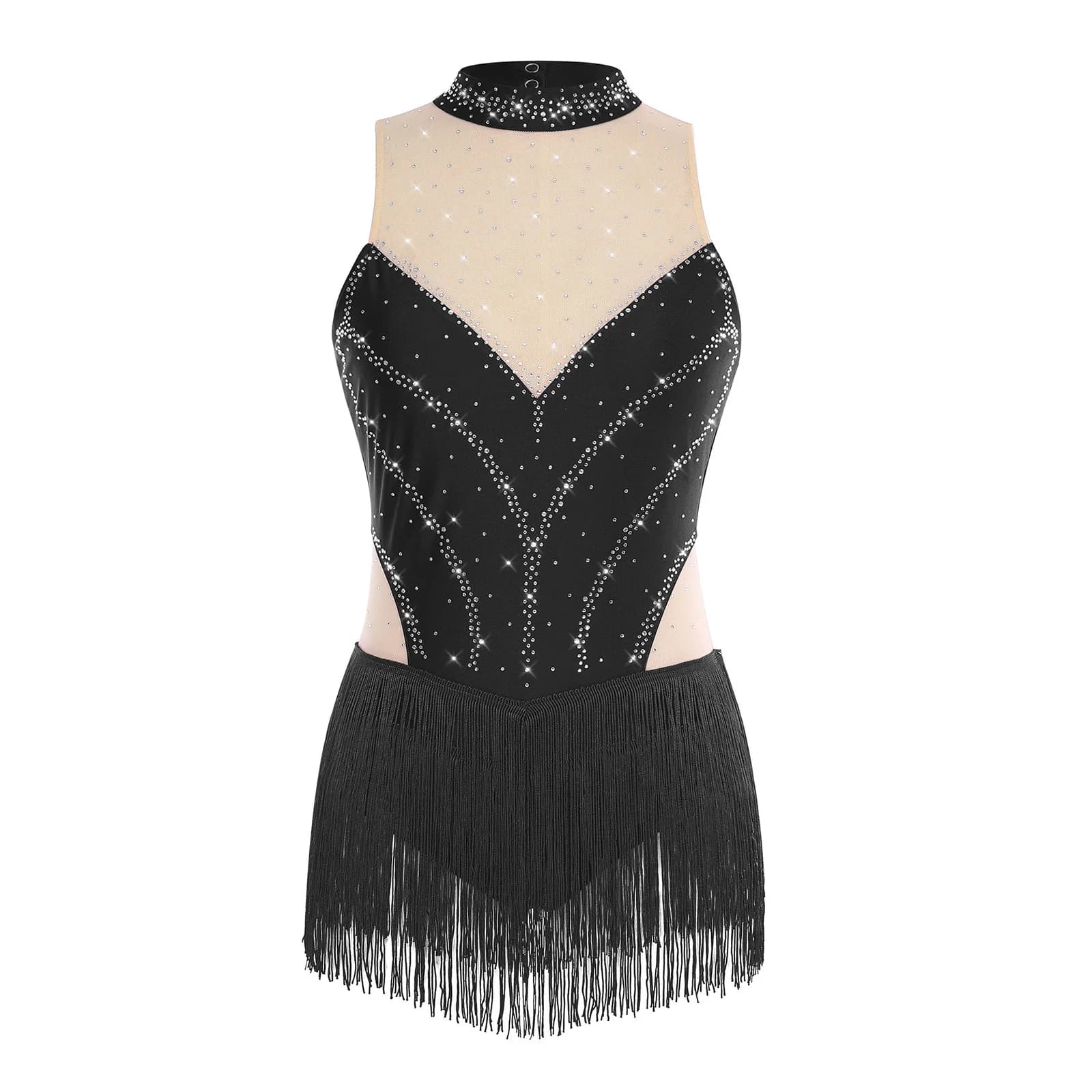 Body da tango da donna elegante glitterato con buco della serratura sul retro, design senza maniche con frange altalena per spettacoli di danza di pattinaggio su ghiaccio latino