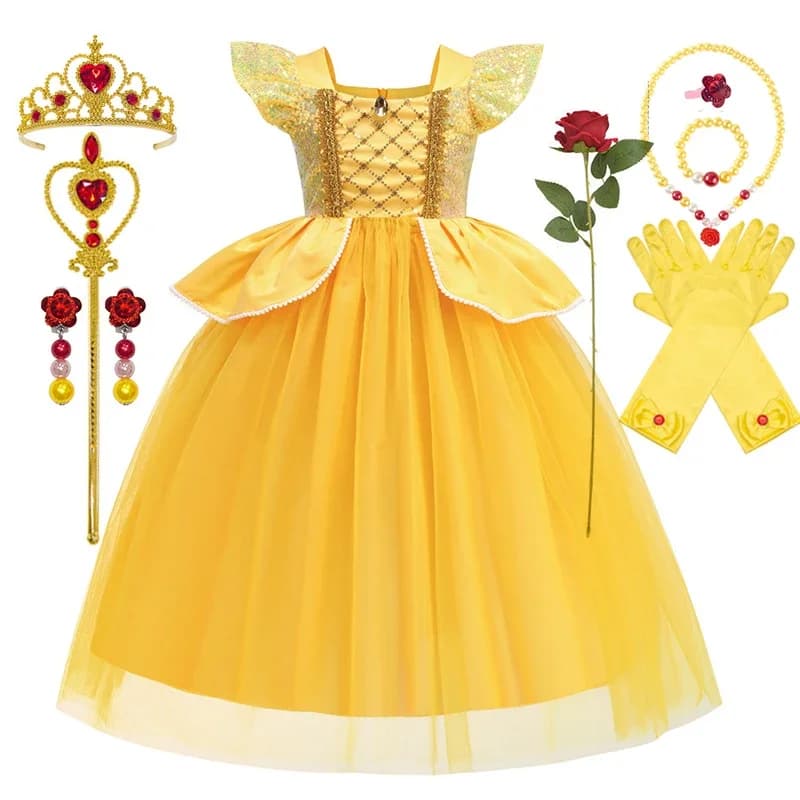 Disney Princess Dresses Party Costume for Girls Beautiful Kids Halloween Birthday Floral Dresses The Beautiful and the Beast Dressing Fantasy