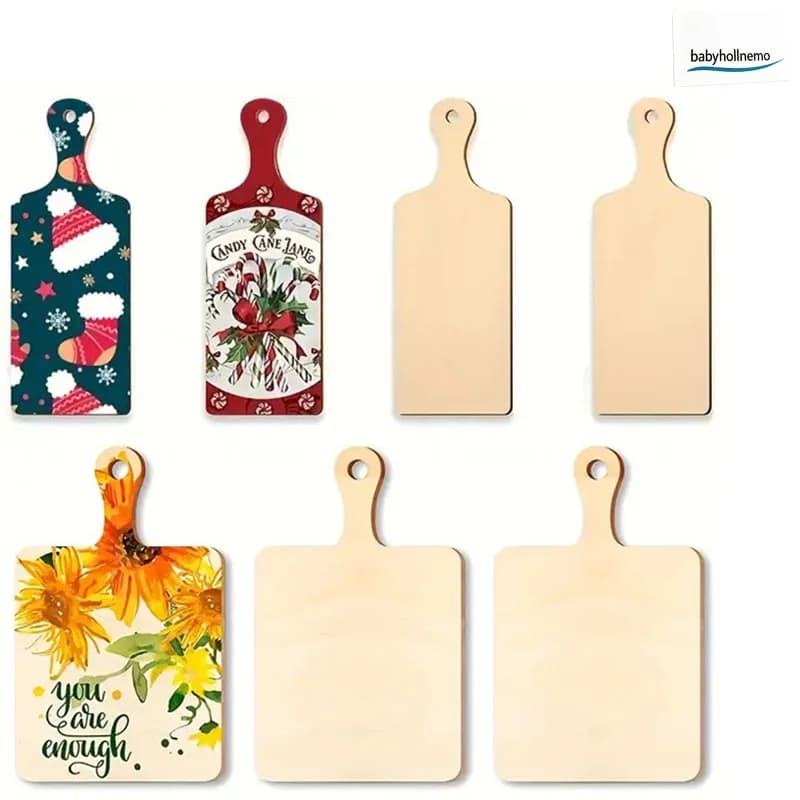 5Pcs Unfinished Blank Wooden Cutting Board With Handle DIY Craft Blanks Custom Print Serving Tray For Christmas Decor Ornament