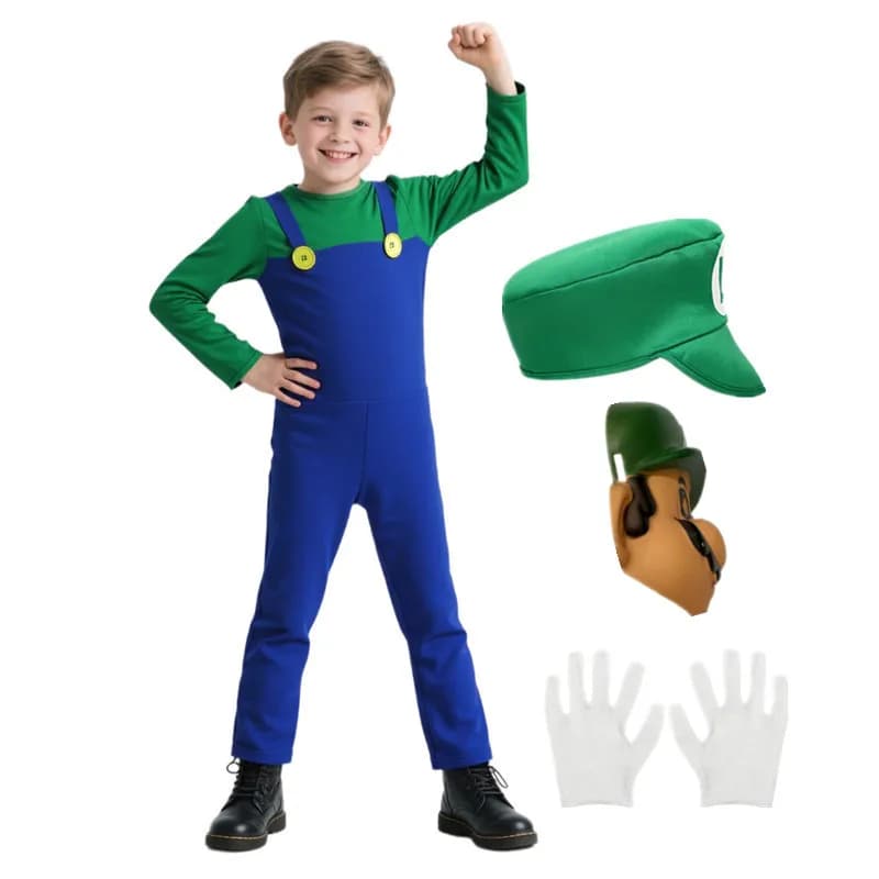 Game Brothers Set uniforme divertente Costume da gioco di ruolo da idraulico Tuta da ragazzo Vestito da ragazza Costume di Halloween con accessori