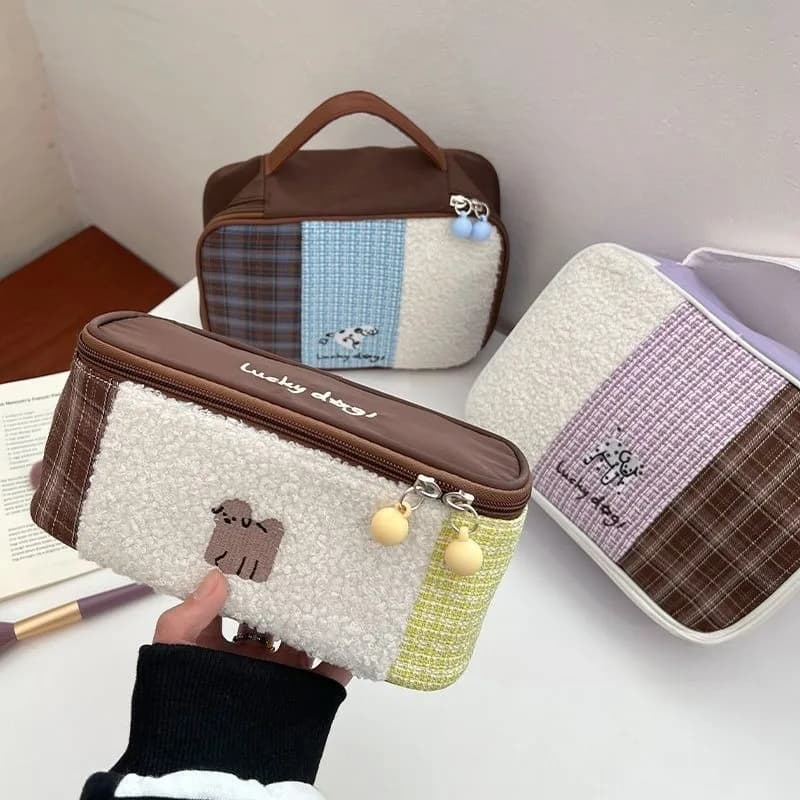 Cartoon Dog Handheld Makeup Bag Cute Patches Large Capacity Partition Storage Bag High Beauty Portable Travel Wash Bag