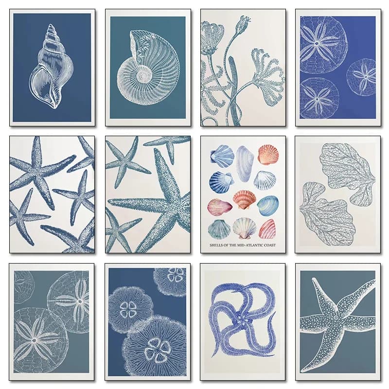 Blue Coastal Sea Antique Seashell Sketch Starfish Jellyfish Conch Poster Canvas Painting Print Wall Art for Kids Room Home Decor