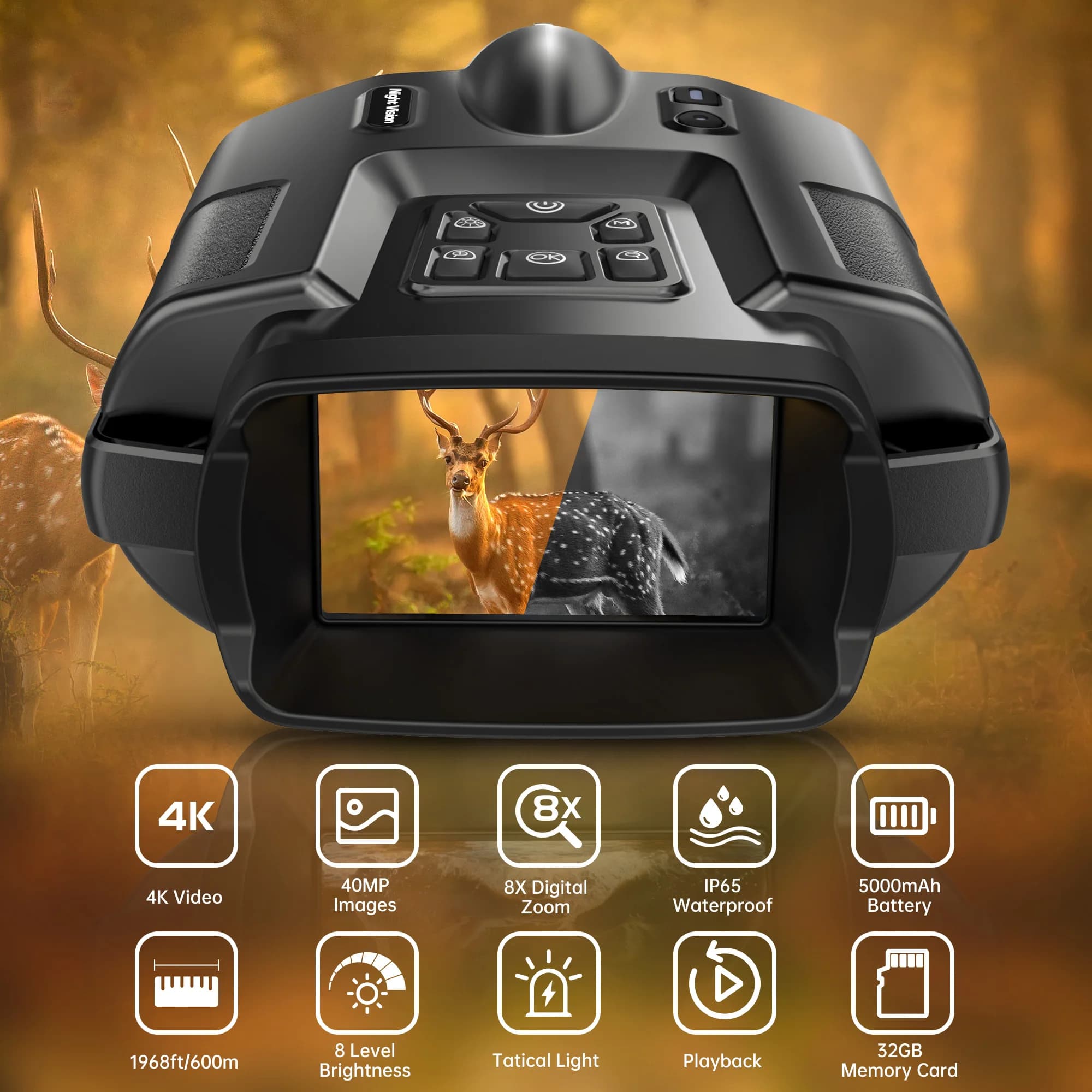 Binocolo con Visione Notturna a Infrarossi, Schermo Grande da 3”, Zoom Digitale 8X, Luce Tattica per Campeggio e Caccia, Visione Notturna 4K