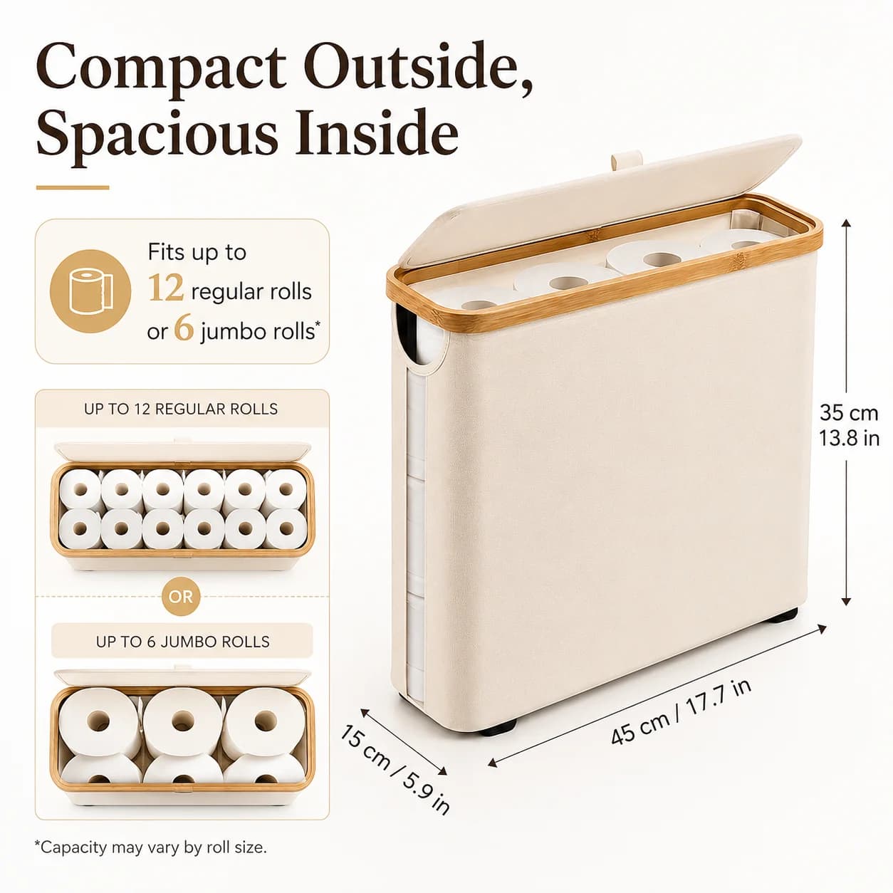Storage basket holding 12 rolls of toilet paper; laundry basket; suitable for organizing in ultra-narrow spaces.