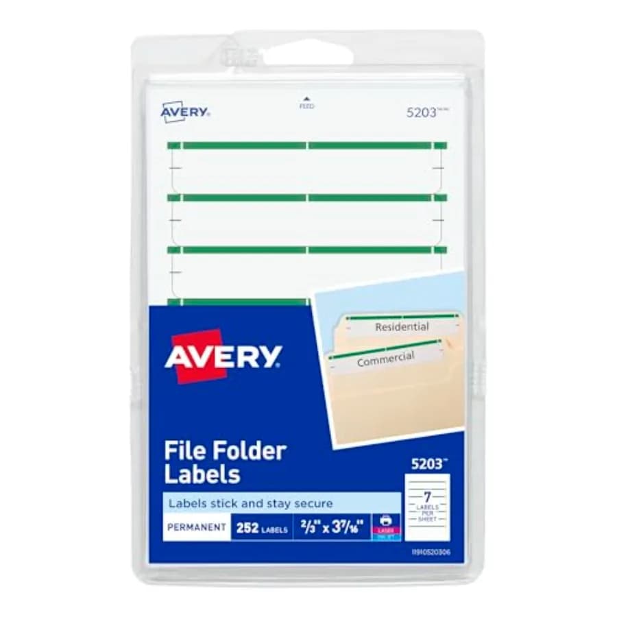 File Folder Labels on 4" x 6" Sheets, Easy Peel, White/Green, Print or Write, 2/3" x 3-7/16", 252 Labels 5203