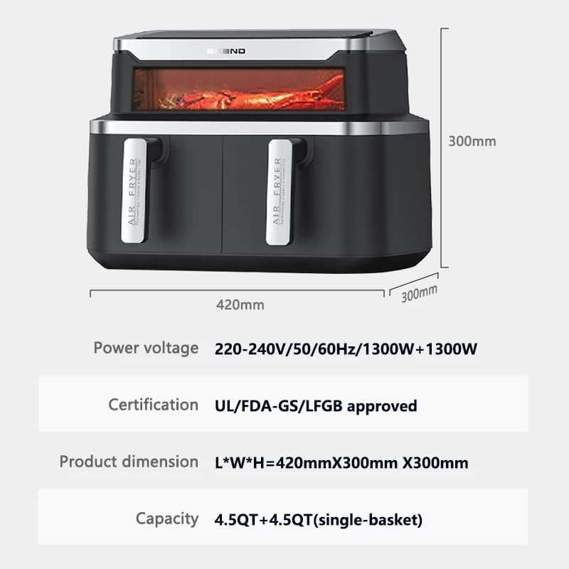 Friggitrice ad Aria con Doppio Cestello da 9L, Friggitrice ad Aria Intelligente Multifunzionale a Doppio Cassetto