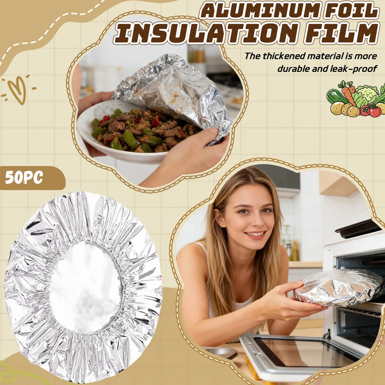 50 coperture isolanti riutilizzabili in foglio di alluminio, adatte per contenitori domestici e alimentari, per la conservazione e la freschezza