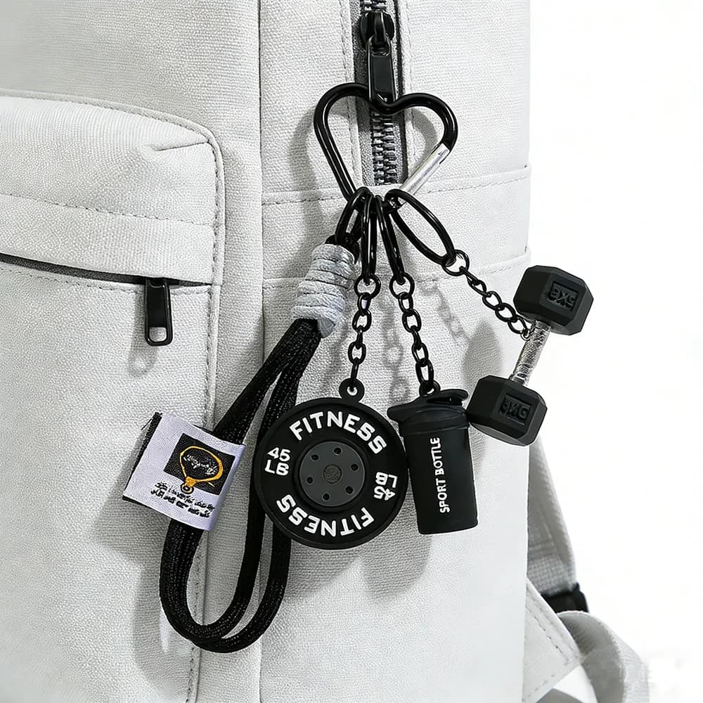 Fitness Theme Keyring Set: Handlebar, Weight Plate, Sports Track, 3D Pendant in Silicone for Bag, Backpack, Accessories for Auto Keys, Gift