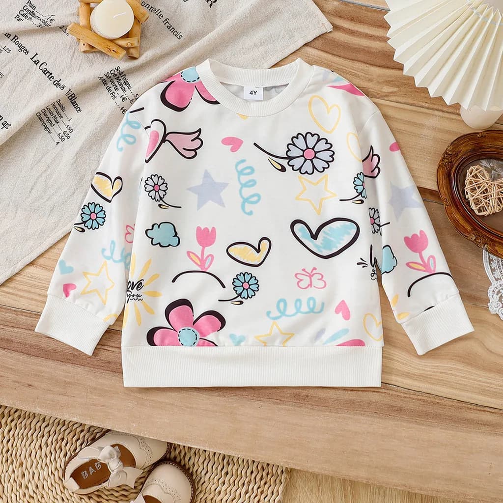 4-7 anni Kid Girl Stampa disegnata a mano Top a maniche lunghe Camicetta carina Bambina Abbigliamento quotidiano Autunno Inverno Outfit