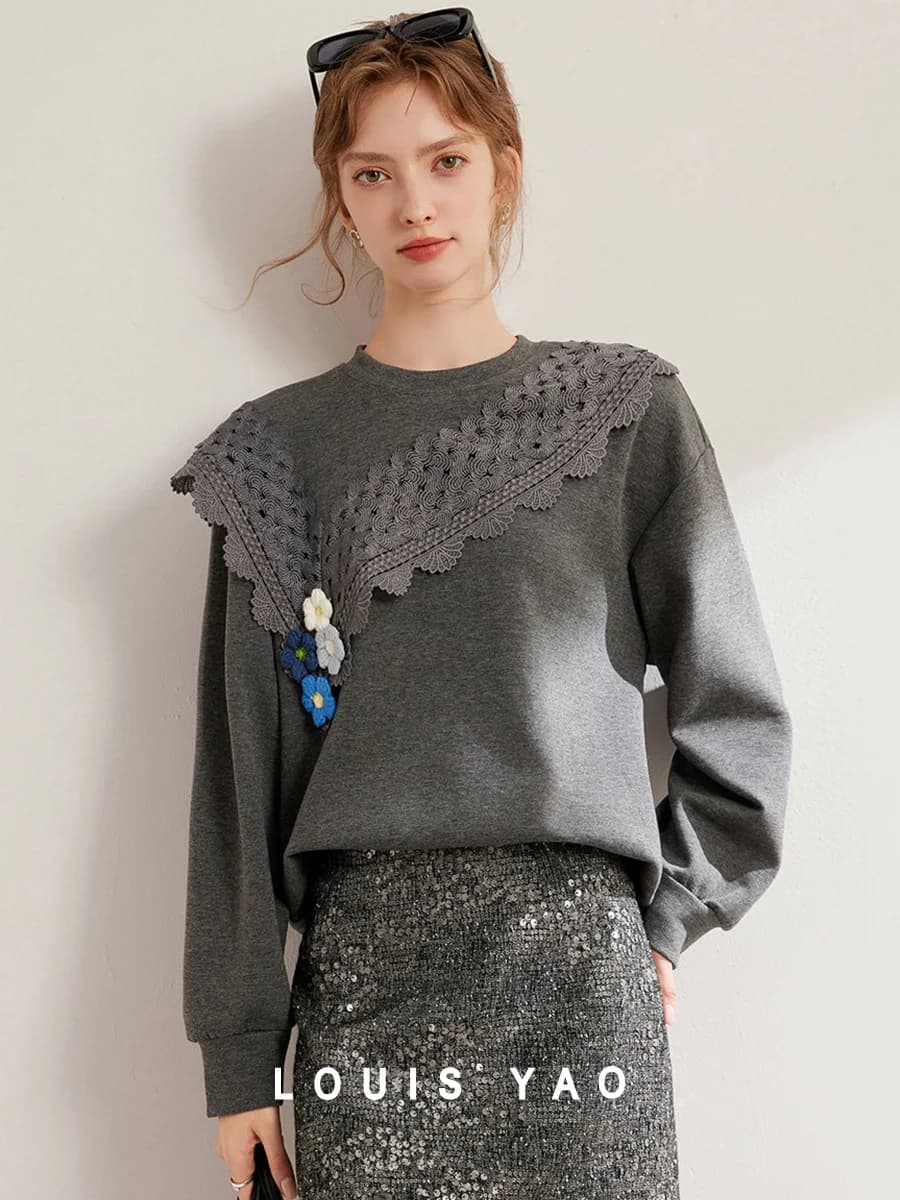 LOUIS YAO 2025 Spring Asymmetric Lace Yarn Flower Decoration Age Reducing Round Neck Loose Long Sleeve Women's Hoodie