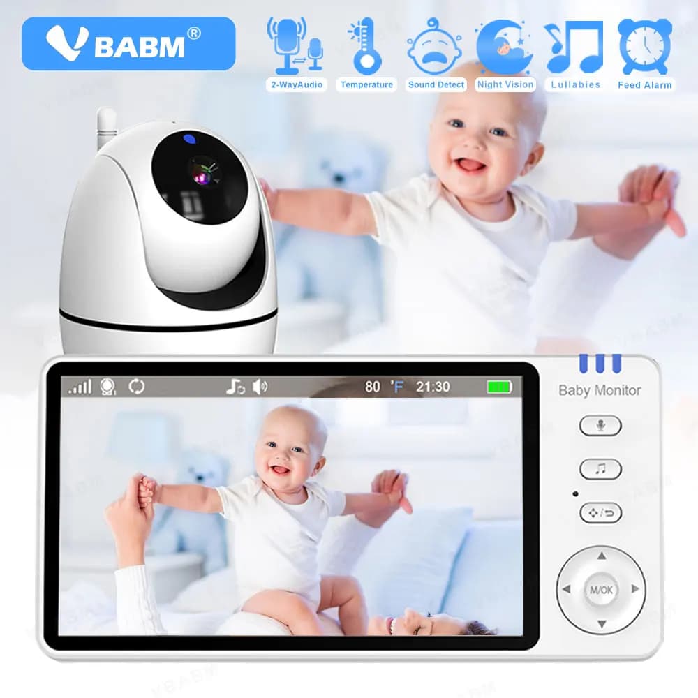 VBABM ABM501 Baby Monitor 5.0 pollici Batteria da 3500 mAh Rilevamento della temperatura Telecamera PTZ per neonati Audio bidirezionale VOX Lullaby Up Ricarica USB