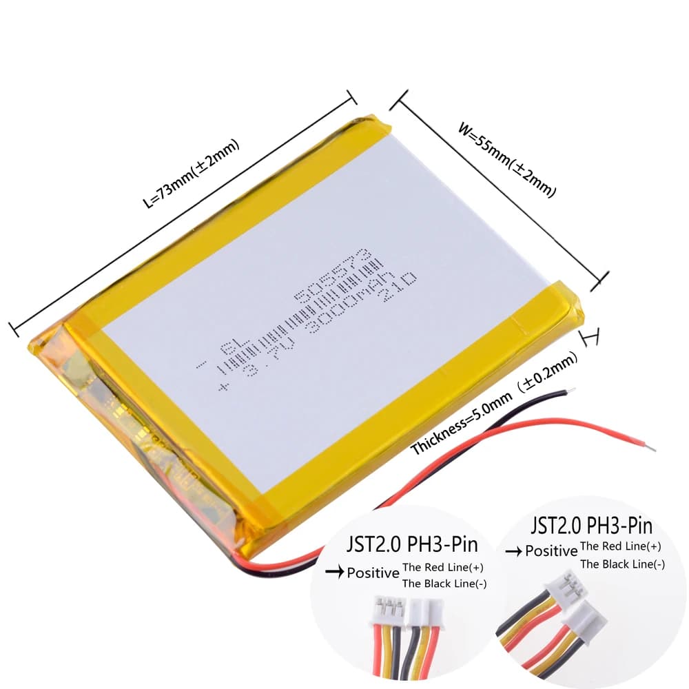3.7V 3000mAh 11.1Wh Li-Polymer Li Lipo Batteria Termistore NTC 3 Fili JST 3Pin 2.0mm Connettore 505573 Per GPS DashCam Tablet PC