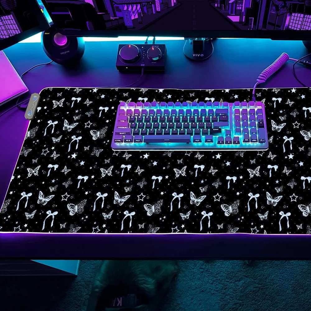 Tappetino per Mouse da Gaming con Fiocco Floreale Rosa, Tappetino da Scrivania LED RGB, Retroilluminato USB, in Gomma, XXL
