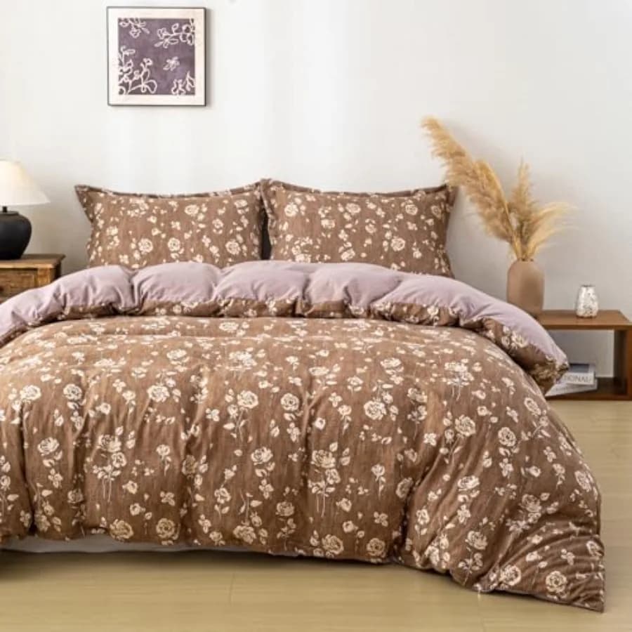 Brown Flower King Size Duvet Cover-3 Pieces Prewashed Cotton-Like Polyester Extra Soft Bedding Set, Includes 1 Duvet Cover 104'