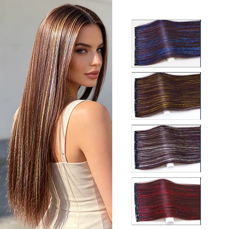 Extension per capelli olografiche scintillanti con clip, pezzo unico, lunghe e lisce, in fibra sintetica, per un look naturale da festa