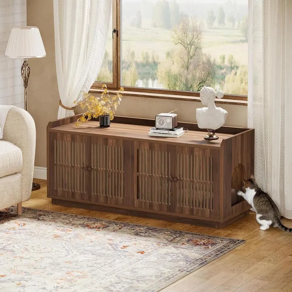 Cat Litter Box Enclosure or 2 Cats, 55’’ Wooden Hidden Litter Box urniture with Double Doand Side Entrance, Extra Large Cat Cabi